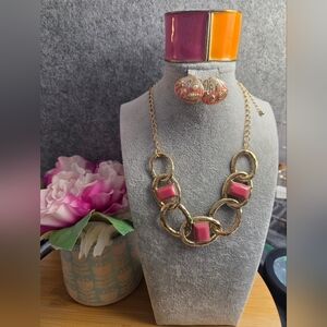 Gold and Pink Chain Necklace Jewelry Set